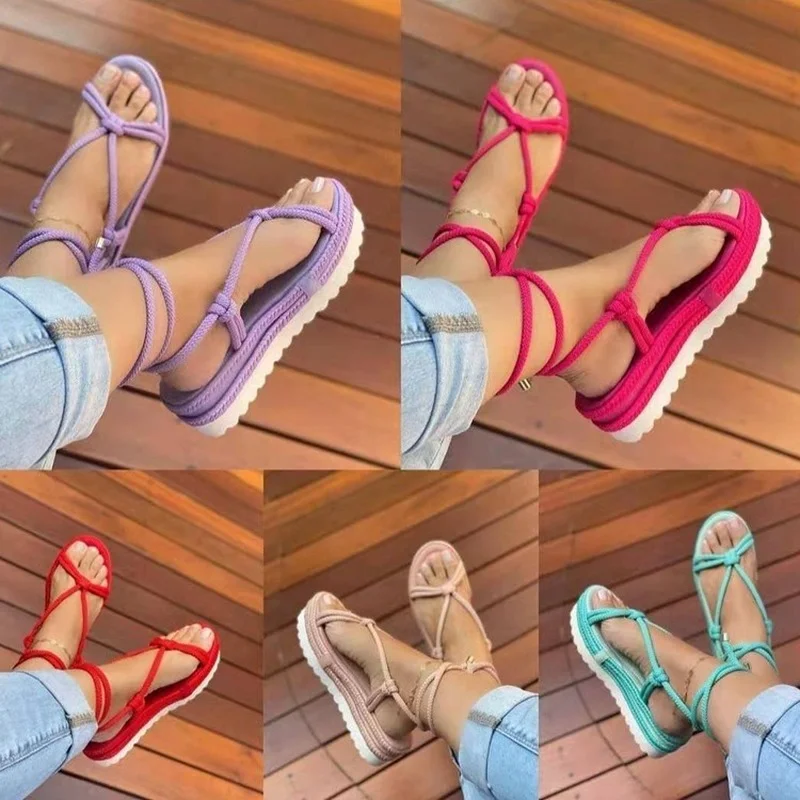 

Hemp Rope Women Sandals Summer Platform Shoes Sexy Purple Cross-tied Plus Size Woman Sandals Wedge Roman Sandals Solid New Style