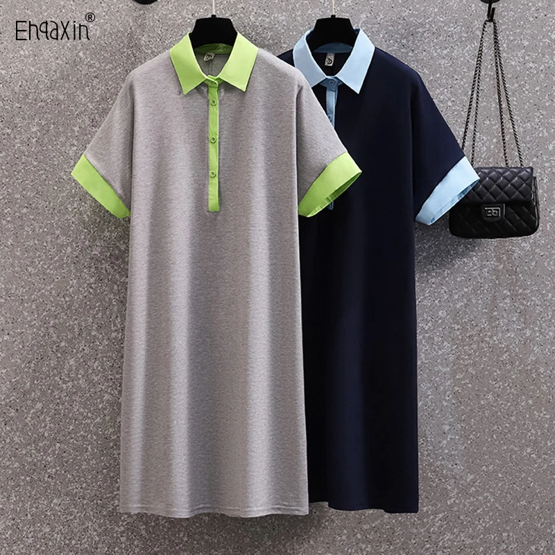 

EHQAXIN Summer New Ladies Dress 2022 Fashion Casual Loose Contrast Color Button Pullover Short Sleeve Dresses Female L-4XL