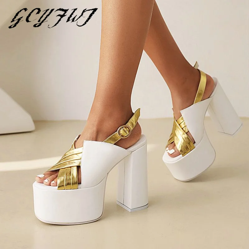 

2022 New Style High Heels Women Sandals Summer Thick Platform Female Slippers Buckle Dress Office Ladies Wedding Big Size 43