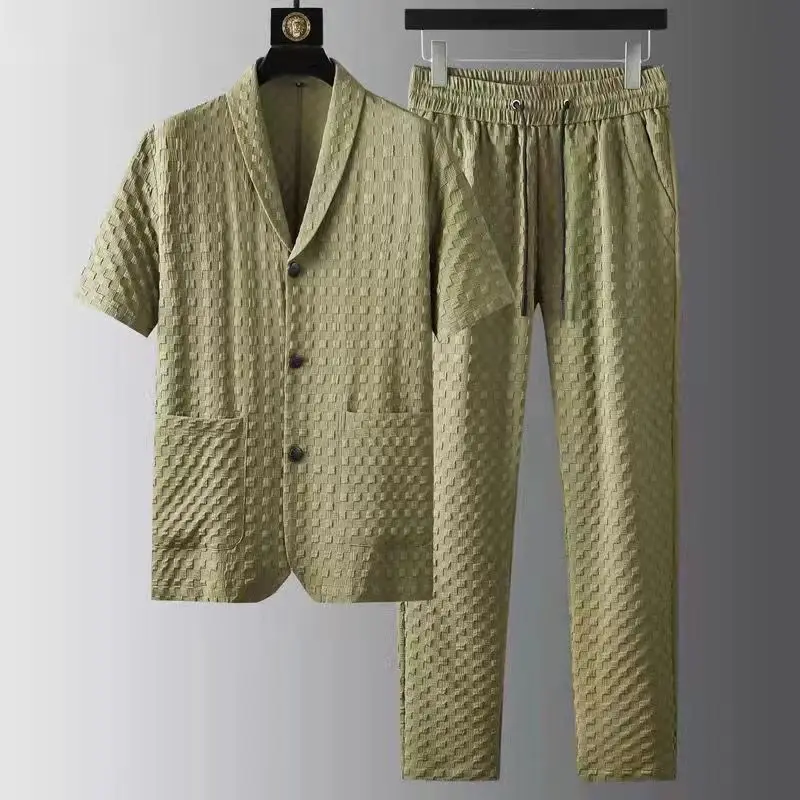 

2022 Fashion Spring Summer Men's Casual Two Piece Sets Short Sleeve Shirts Long Pants Suit Pattern Men Casual Streetwear