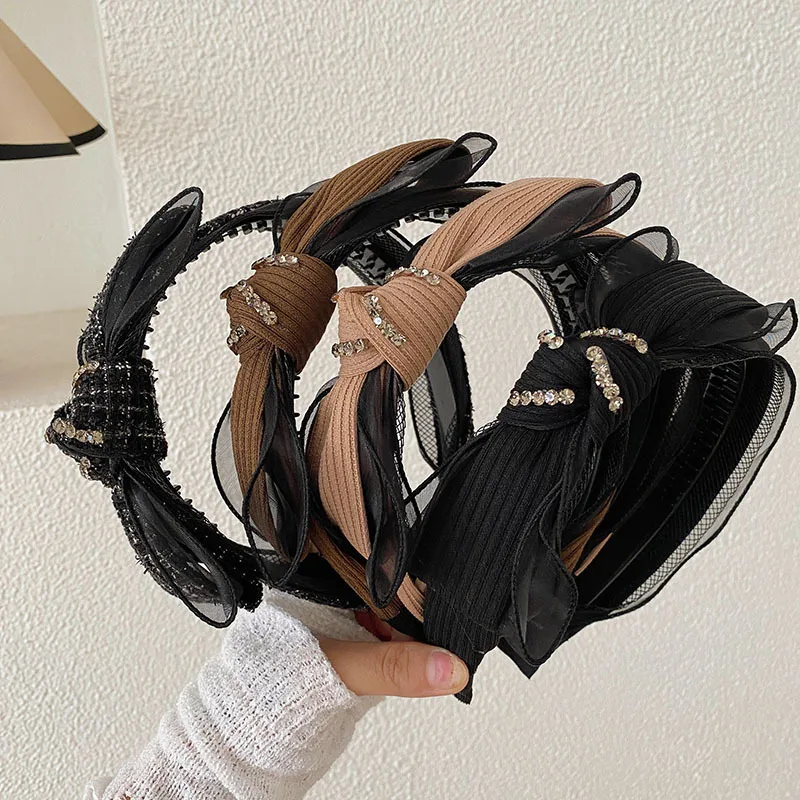 

Wholesale Khaki/coffee/black Knitted Bow Wide Band Hair Hoop Temperament Diamond Face Band Headwear Hair Accessories AFS353