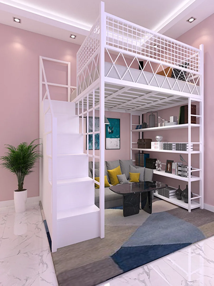 

Small apartment duplex upper berth iron bed apartment attic double multifunctional iron bed high low bed space-saving