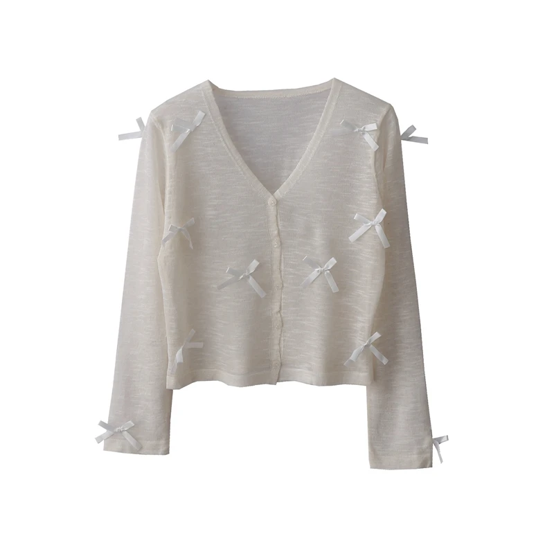 Милый шикарный тонкий вязаный кардиган с бантом женские летние облегающие