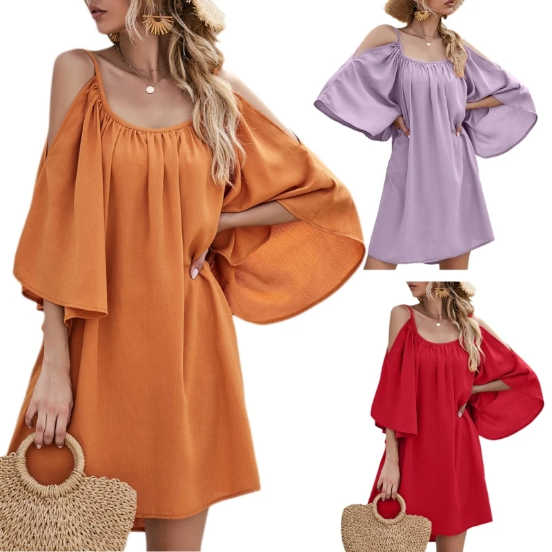 

Women Summer Dress Solid Female Off Shoulder Flared Sleeve Sexy Party Dress
