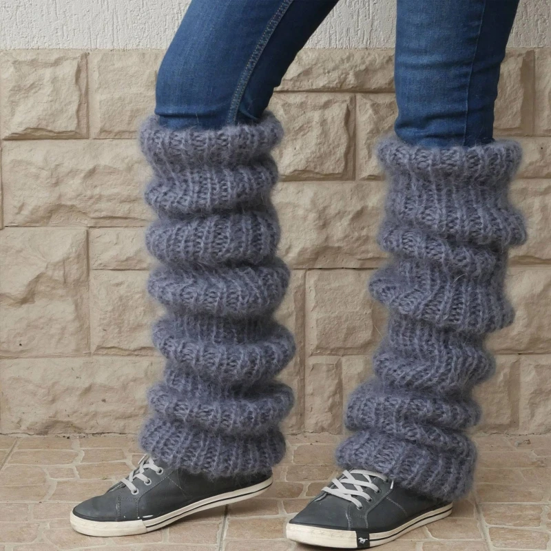 

Knitted Women Socks Furry Cuffs Long Slouchy Leg Crochet Chunky Solid Stockings Warm Winter Warmers Thermal Color Boot