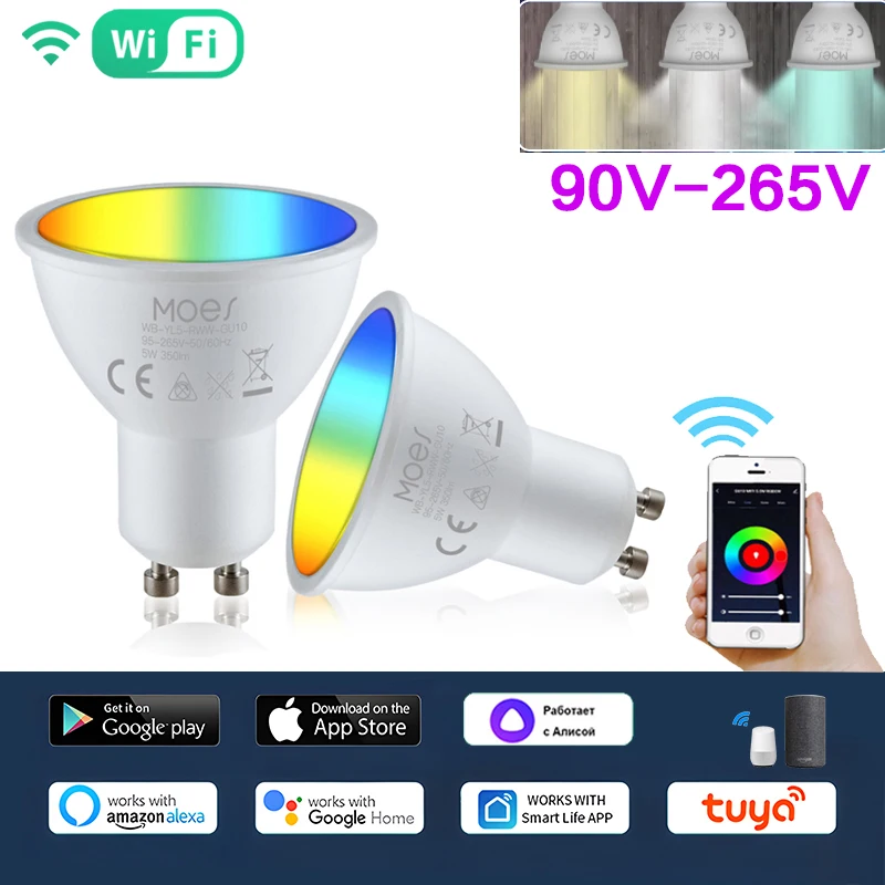

Tuya WiFi Smart LED GU10 Bulbs RGBW C+W White 5W Dimmable Lamps Smart Home Control Work With Alexa Google Home Yandex Alice