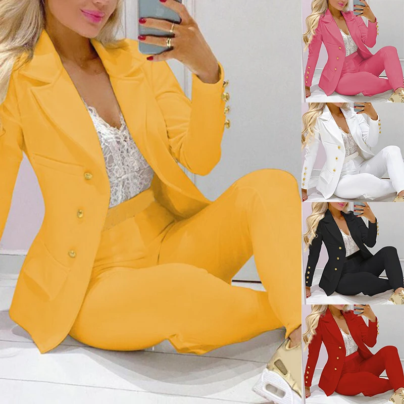 

2022 Classic One-breasted Buttons Nine Blazer Pants Set Two Piece Formal Suits Office Ladies women's pantsuit Red Pink Business