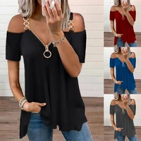 2022 women fashion chain cold shoulder plain black short sleeve blouse sexy solid color v neck tops t shirt