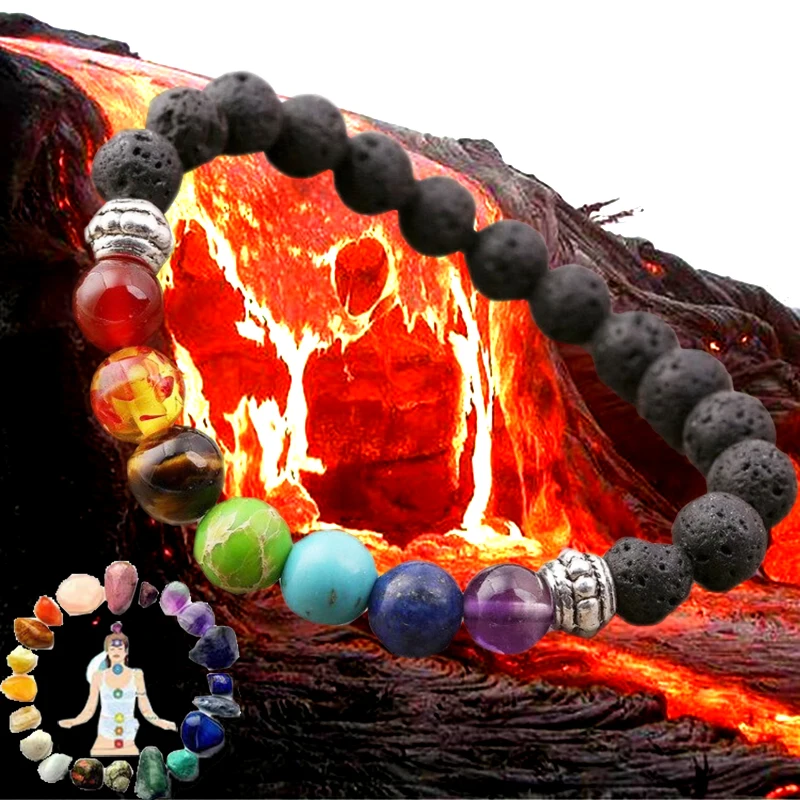 

Volcanic Stone 7 Chakra Reiki Healing Stone Bracelet Yoga Balance Energy Natural Volcanic Stones Beads Jewelry Planet Bracelets