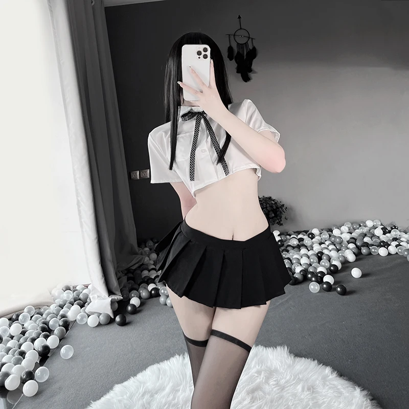 

Women Sexy Lingerie See-through JK Student Girl Uniform White Shirt Neckline Rope Bow Uniform Temptation Pleated Skirt Cosplay