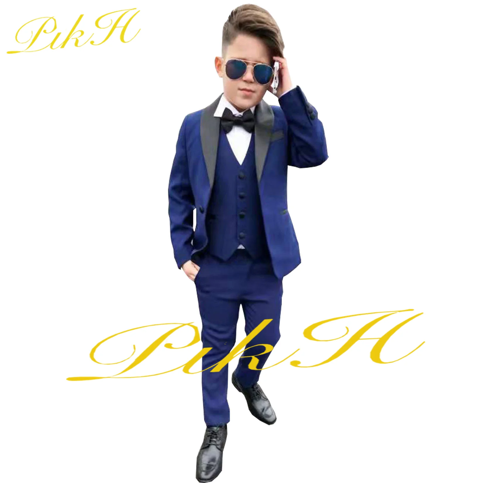 Royal Blue Suit for Boys 3 Piece Black Collar Jacket Pants Vest Wedding Tuxedo Kids Blazer Custom Outfit 	 블레이저