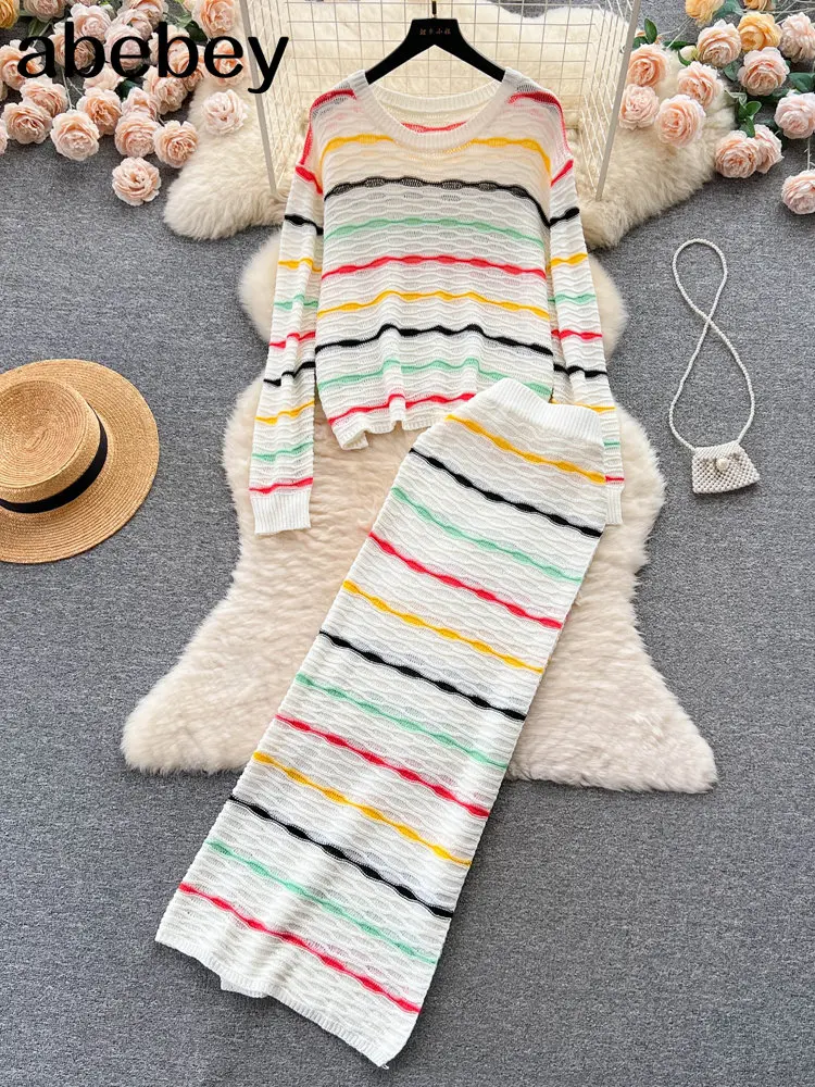 

Женский трикотажный костюм из двух предметов, Свободный Топ с длинным рукавом и эластичная длинная юбка, костюм в полоску для отпуска во французском стиле, лето