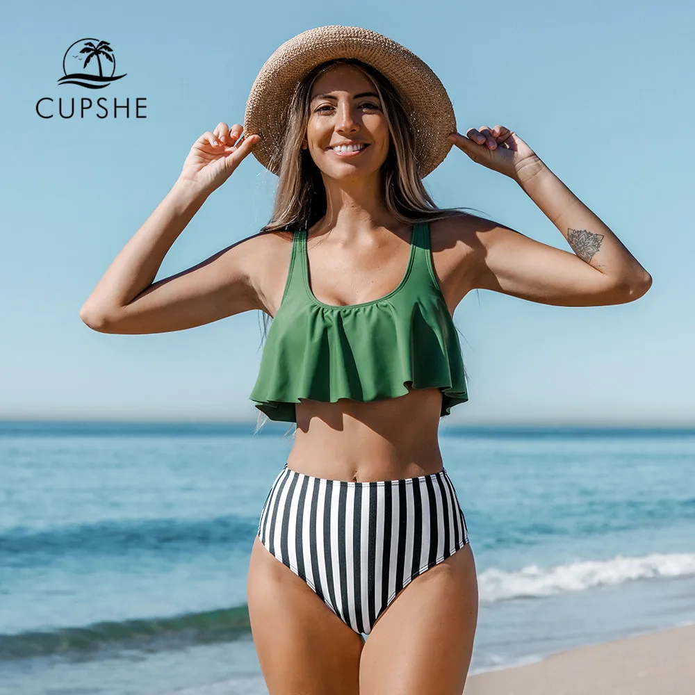

CUPSHE Green Ruffle Tank Top High Waist Bikini Set Swimsuit For Women Tankini Two Pieces Beachwear 2022 Bathing Suit Swimwear
