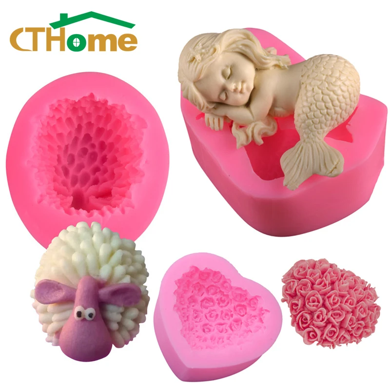

3D Mermaid Silicone Soap Mold Love Rose Flower Chocolate Mould Car Aromatherapy Gypsum Mould Cake Diy mould Candle Clay Molds