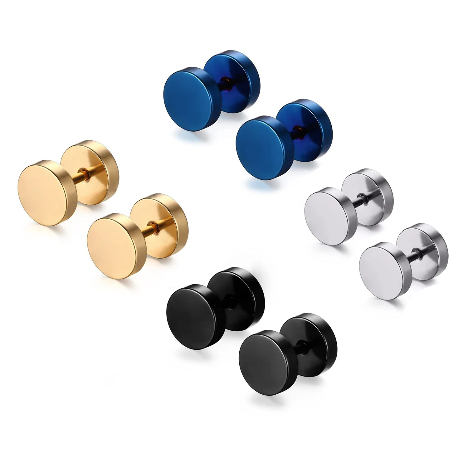 

3-4 Pairs Stainless Steel Mens Stud Earrings for Men Women Ear Piercing Plugs Tunnel Fake Ear Gauge Barbell Screw Stud Flat Back