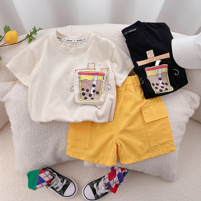 

2023 Summer Kids Toddler Boy 2PCS Clothes Set 3D Beverage Cup Short Sleeve T-shirt Cargo Shorts Suit Infant Baby Boy Outfit Set