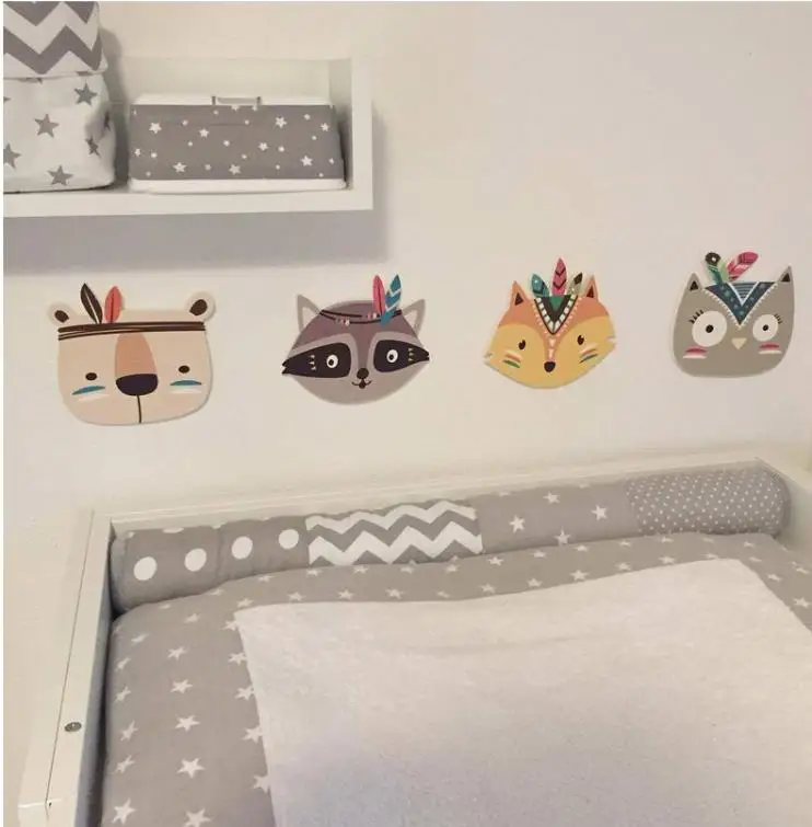 Nordic Fox Bear 3D Wall Stickers For Kids Rooms Wall Stickers Nursery 3D Animals Wall Sticker Scandinavian Feather Wall Stickers