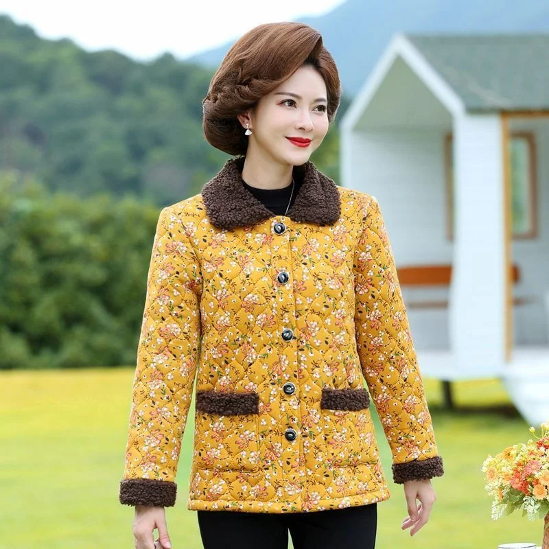 Mother 2022 New Short Cotton Jacket Autumn and Winter Cashmere Women's Floral Cotton Suit Light and Thin Coat Warm Little Cotton