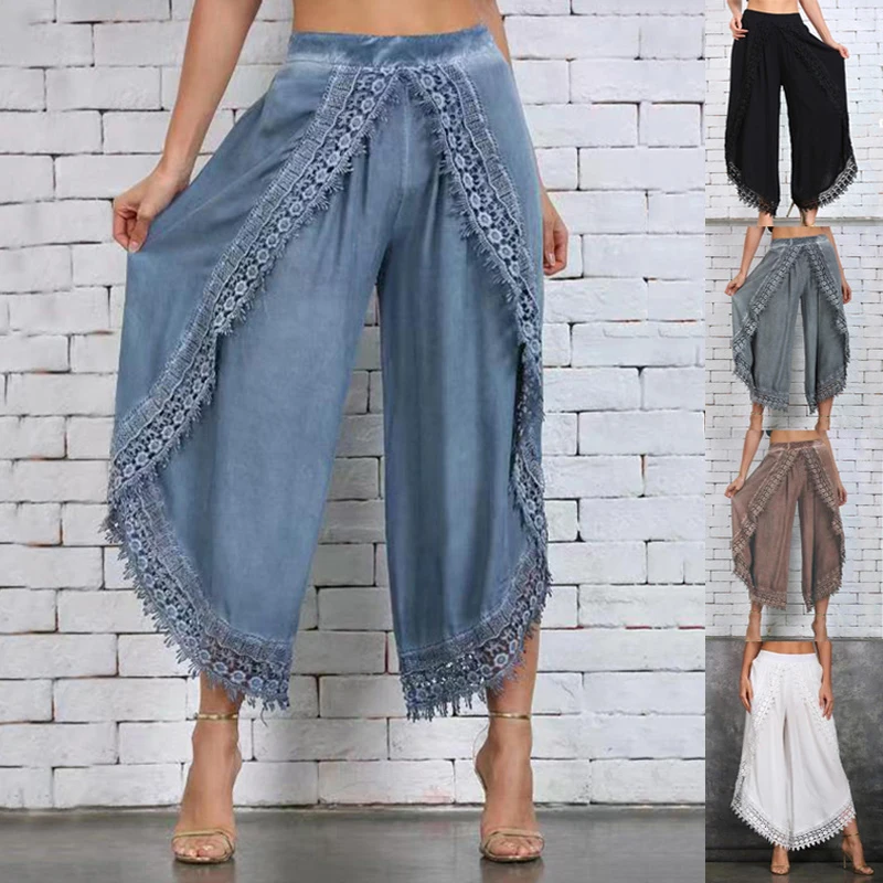 

S-3XL Summer Women Lace Wide Leg Pants Fashion Long Baggy Harem Sport Pants Trousers Beach Slight Summer Thin Pants