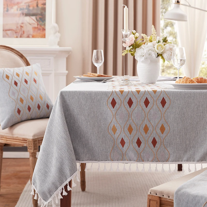 

Скатерть из жаккардовой ткани с геометрическим рисунком, серое льняное прямоугольное украшение для стола с кисточками, Свадебная и вечерня...