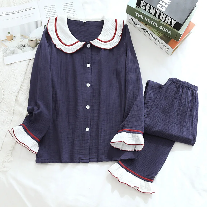 Four Seasons Couple Pajamas Cotton Double Layer Gauze Homewear Simple Men/Women Home Suit Crepe Thin Section Woman Pj Set lounge