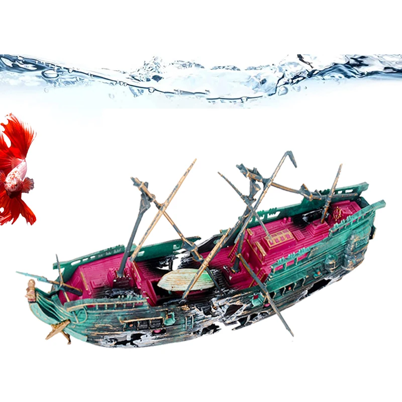 24CM Aquarium Decoration Pirate Ship Sunken Boat Fish Tank Ornament Plastic Shipwreck Decor For Freshwater Saltwater Betta Tank