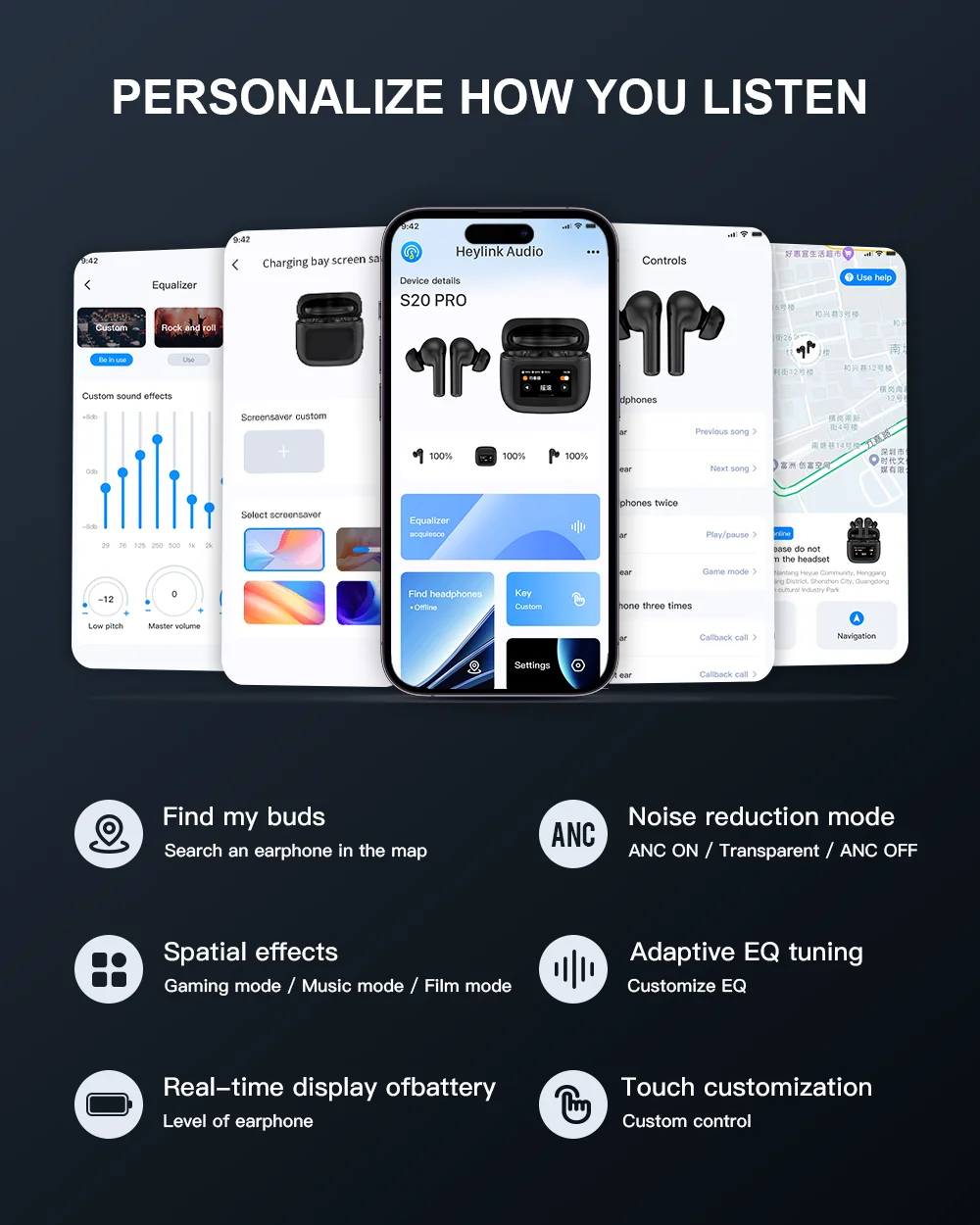 Фото Новые беспроводные наушники SONY S20 PRO с сенсорным экраном, шумоподавлением ANC, Bluetooth 5.3, управлением через приложение, длительным временем автономной работы и HiFi-звуком. №2