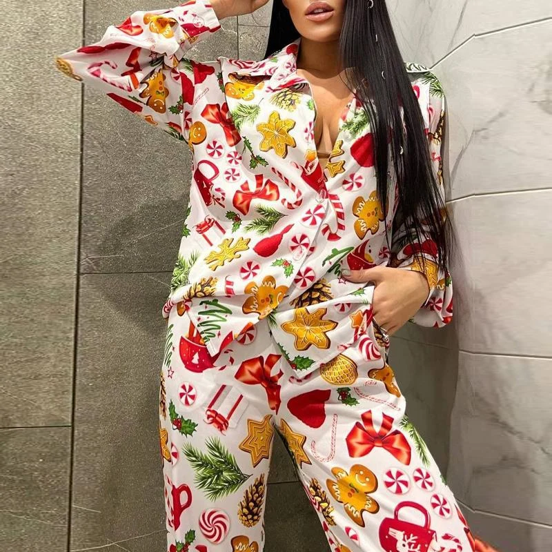 Autumn Winter Women Long Sleeve Pajamas Set Loose Lapel Blouse Shirt Homesuit Casual Print Christmas Sleepwear 2 Piece Suit 2022