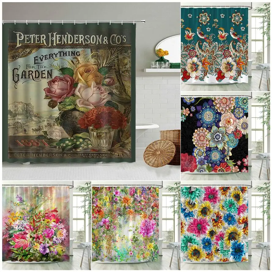 American Country Flowers Shower Curtain Set Retro Rose Butterfly Poster Boho Floral Bathroom Waterproof Curtains Home Decoration