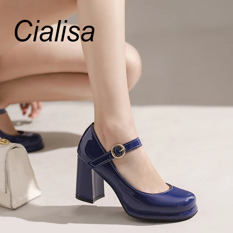

Cialisa Fashion Pumps Spring Autumn New Round Toe Pu Leather Shoes Party Dress Buckle Strap 8cm High Heel Female Footwear Green