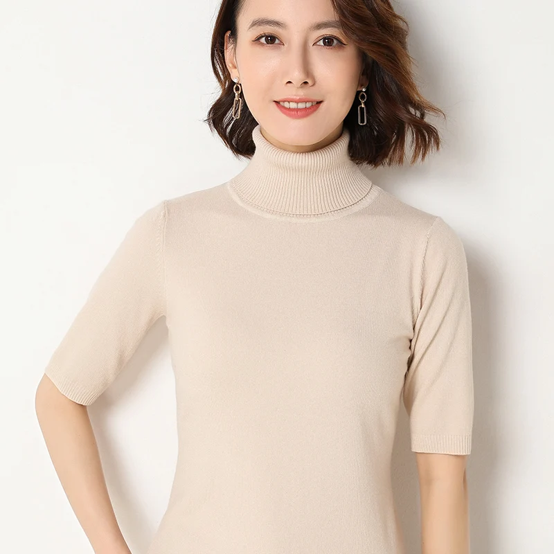 

2022 Summer tops tees Women Turtleneck Knitted Half Sleeve Pullover T-shirt Wild Solid Comfortable Casual T shirts 9152