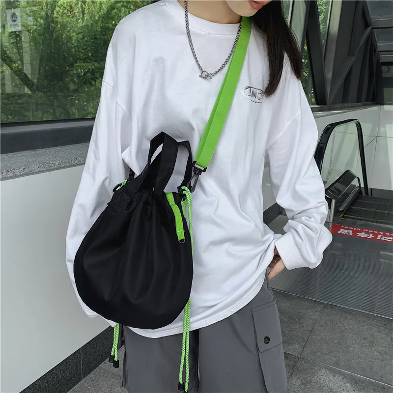 Drawstring Messenger Bag Niche Design Bag Couple Fashion Brand Nylon Harajuku Student Hit Color Shoulder Bag Female
