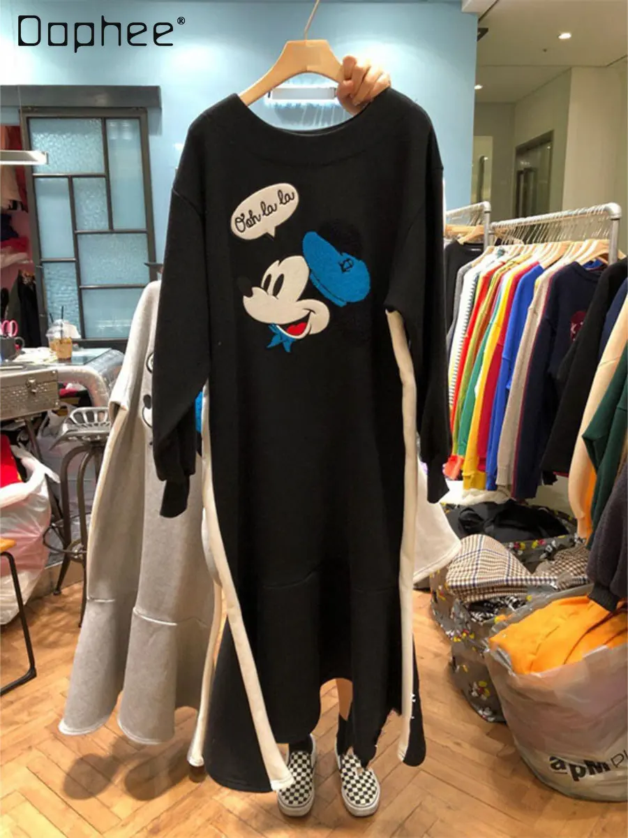 Autumn and Winter Fleece-Lined Padded Long Sleeve Hoodie Dress Women's Fashion Cartoon Embroidered Thermal Long Fishtail Dress