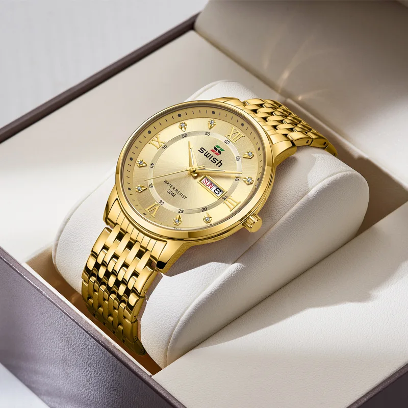 2023 popular double calendar waterproof luminous diamond inset British men's watch a piece of hair