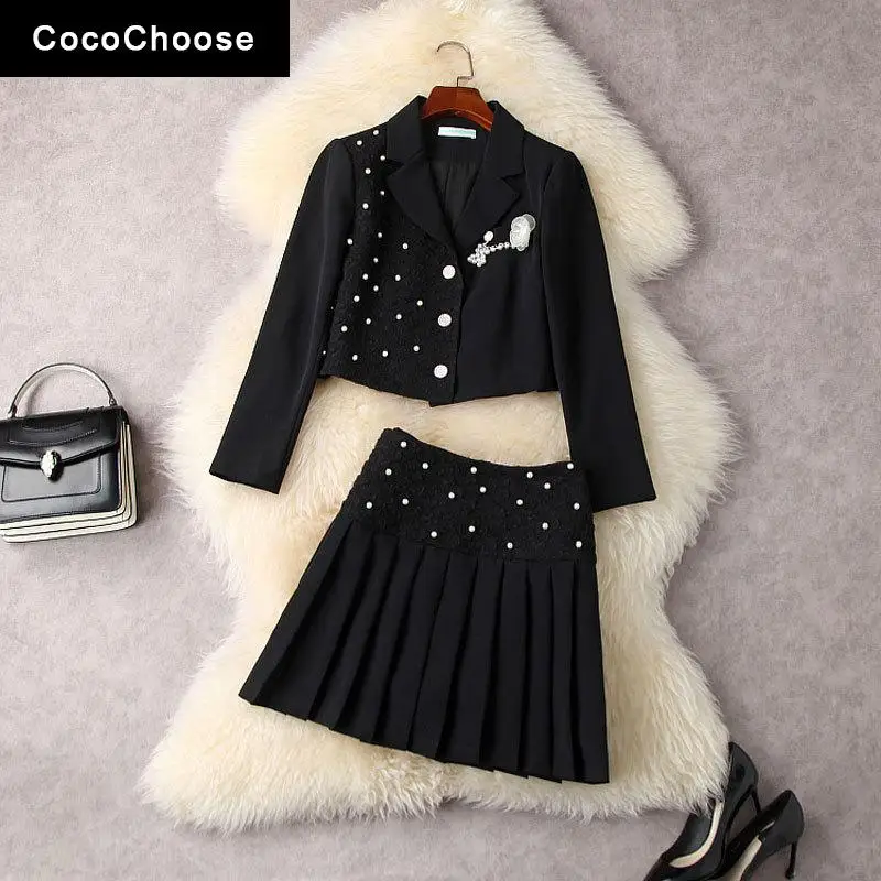 

Designer Women Dress Sets Luxury Pearls Beading Spring Jacket Short Blazer + Mini Pleated Skirt Suits Preppy Style Outfits Black