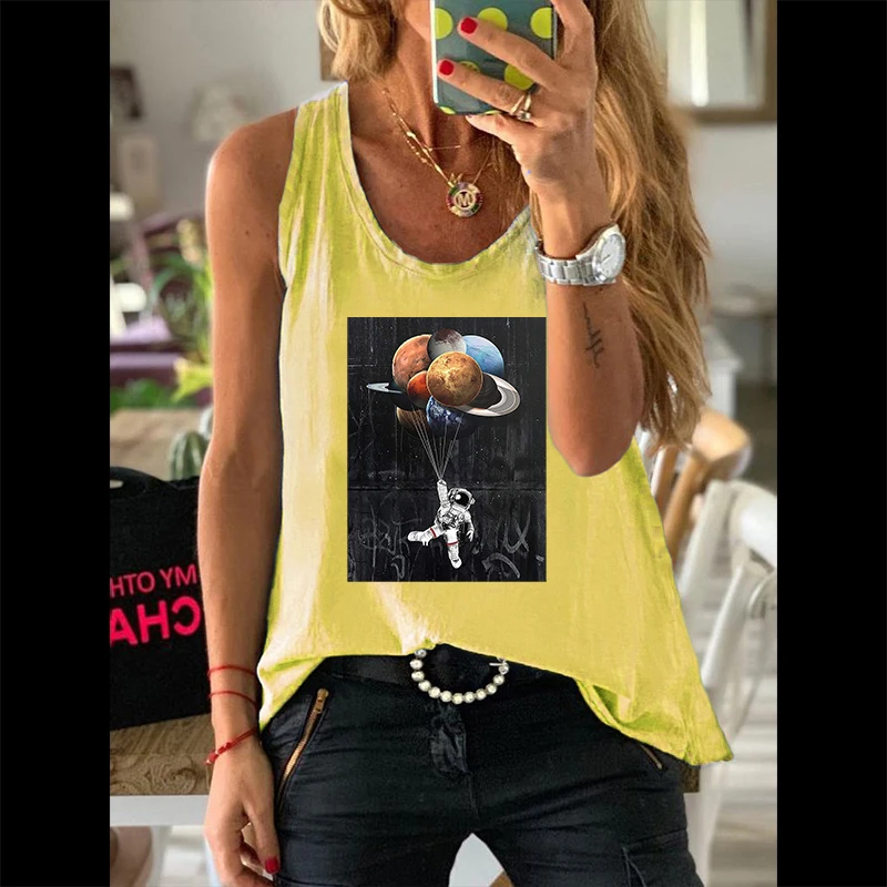 Summer Casual Fashion Women Vests Graphic 100% Cotton Sleeveless Camisole Astronaut Planets Print Ladies Regular Daily Tank Tops |