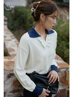 dushu slightly fat lady turn down collar full regular sleeve shirts loose straight sweater office lady contrast color pullovers