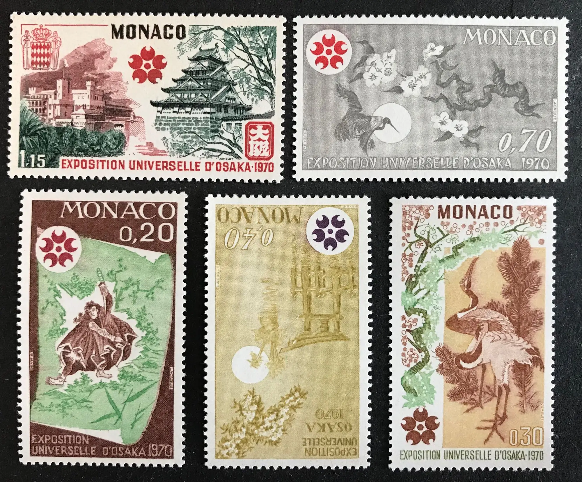 

5Pcs/Set New Monaco Post Stamp 1970 Japan Osaka Sakura Crane Engraving Postage Stamps MNH