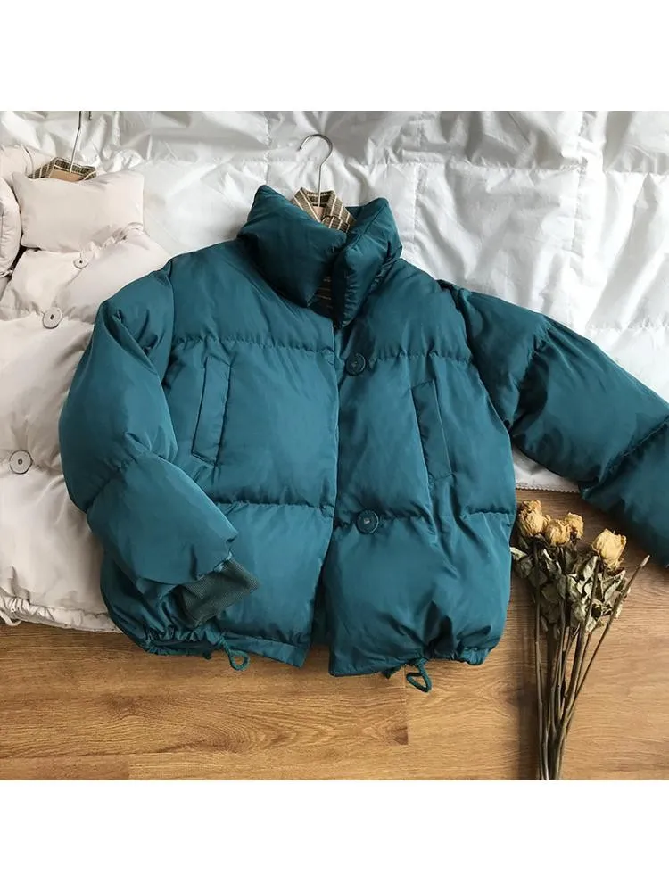 2022 Winter Padded Bread Warm Coats Jackets Women Korean Version Of Loose Cocoon Stand Collar Short Thick Black Parkas