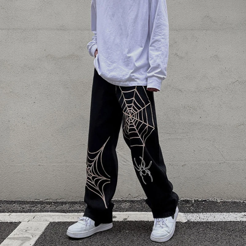 Y2k Emo Men Casual Harajuku Black Streetwear Spider Web Hip Hop Pants Gothic Fairy Grunge Straight Wide Leg Trousers Alt Clothes images - 6