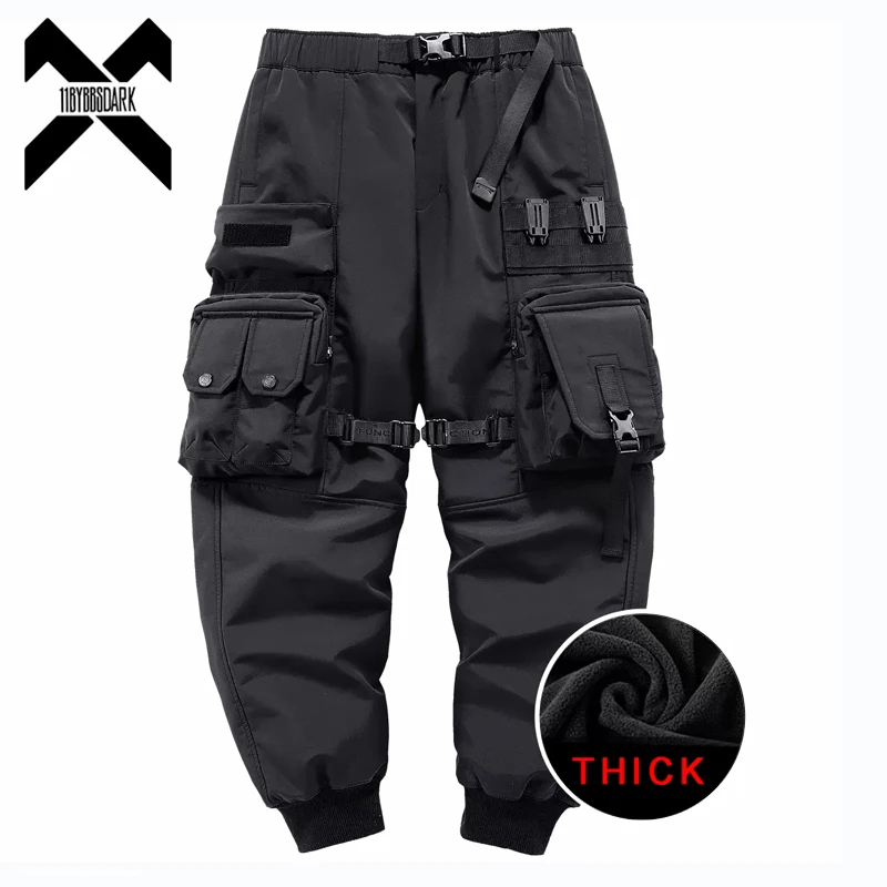 2022 Winter Thick Tactical Cargo Pants Men Fashion Functional Multi Pockets Trousers Hip Hop Streetwear Pants Techwear Black