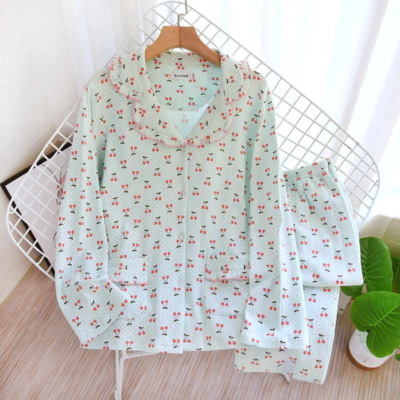 Knitted Cotton Pajamas Suit Women Double-layer Lace Lapel Four Seasons Thin Long-sleeved Trousers Cherry Two Piece Set Nightwear