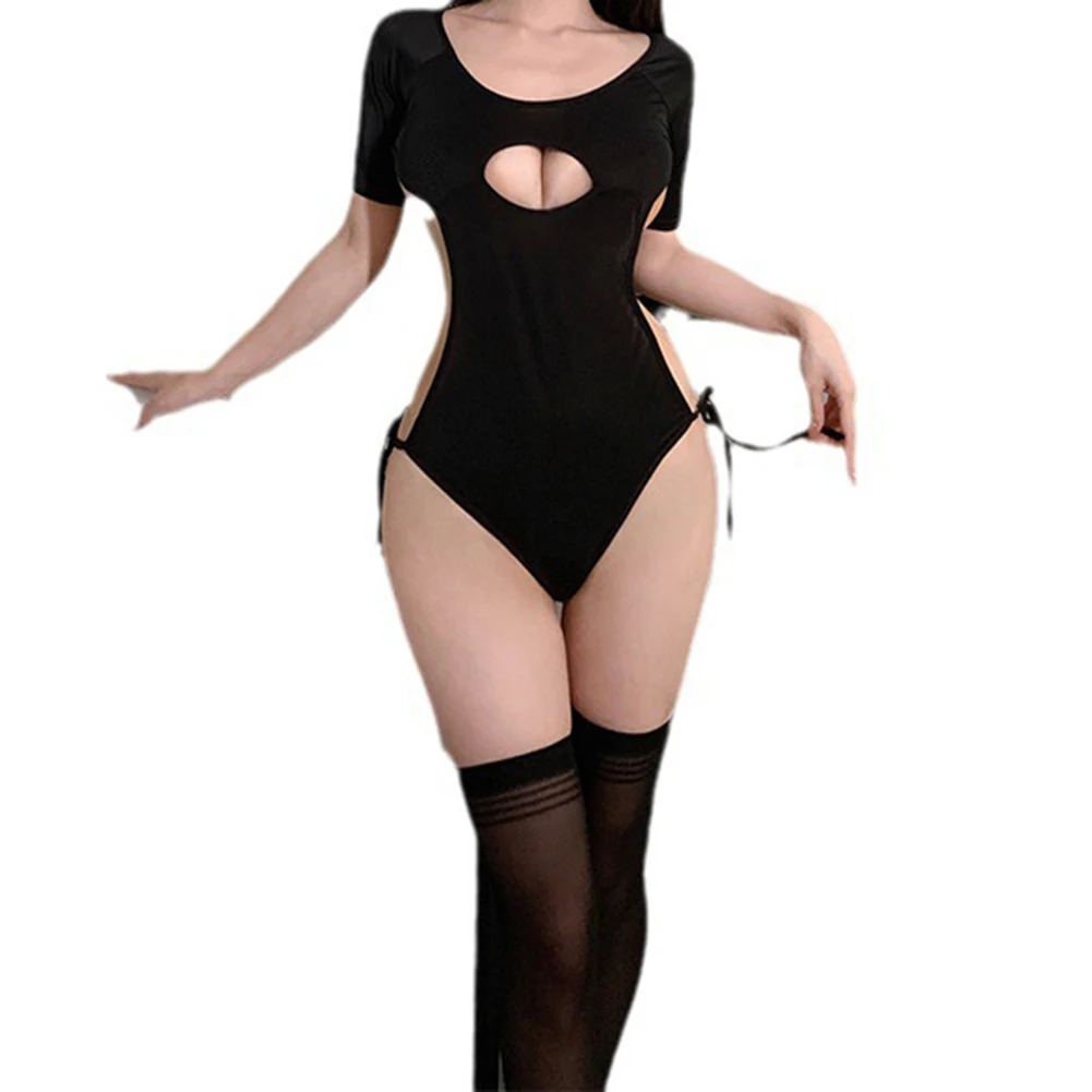 

Women Sexy Hollow Out Deep U Neck Short Sleeve Bodysuit High Cut Side Openwork Jumpsuit Crotchless Exotic Pajamas Lingerie