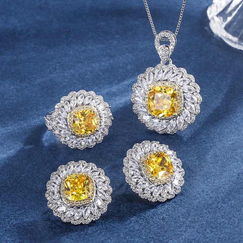 

925 Sterling Silver Retro Yellow Crystal Oval Earring Set Necklace Pendant Ring Wedding Proposal Accessories For Girl Clips Gift