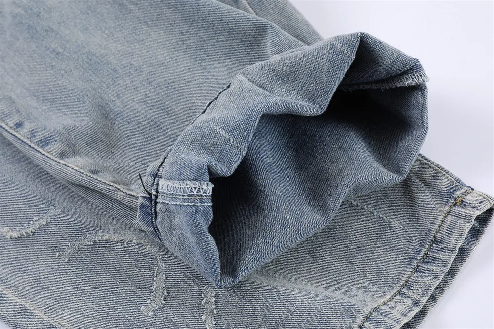 2023 Retro Pocket Letter Embroidery Ripped Casual Jeans Men Women Straight Harajuku Oversize Streetwear Loose Denim Trouser Blue