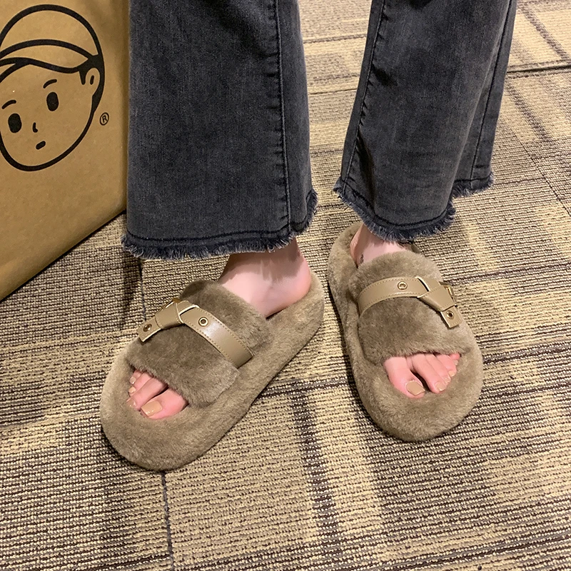 Женская обувь тапочки повседневные меховые шлепанцы плоский плюш удобные теплые