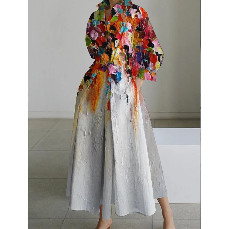 

2023 Vintage Cotton Linen Dresses Women Summer Elegant Lapel Oil Painting Button Midi Dress Vestidos Streetwear Party Vestido