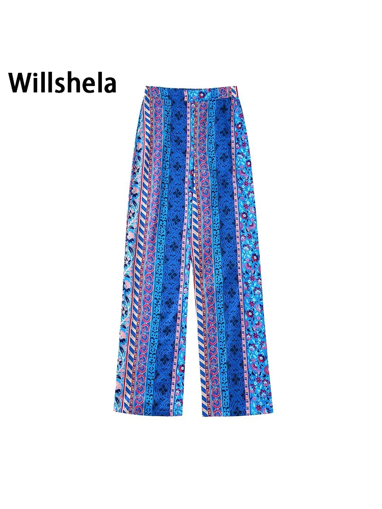 

Willshela Women Fashion Printed Elastic Waist Trousers Vintage Full Length Mid Waist Female Chic Lady Straight Pants