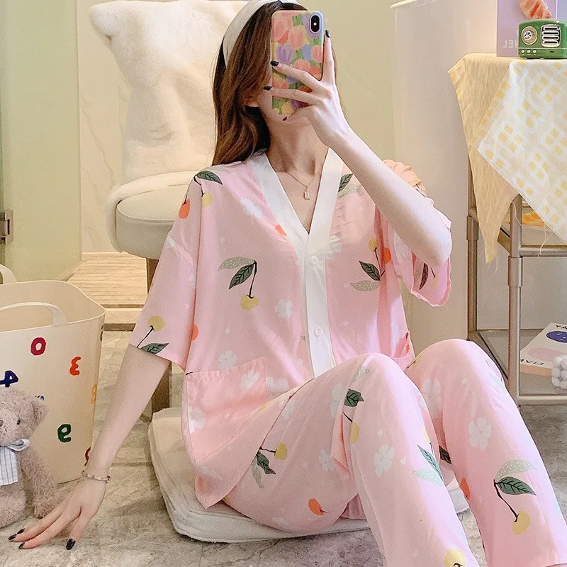 Floral Print Pajamas for Women V-Neck Half Sleeve Lounge Cotton Sleepwear Comfy Soft Long Button Down Pjs Set 2 Piece Sleep Set