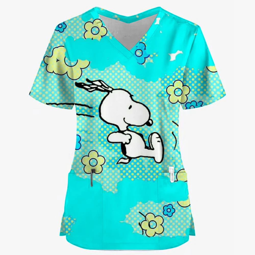 Женская Рабочая Униформа с принтом Снупи топы коротким рукавом и V-образным